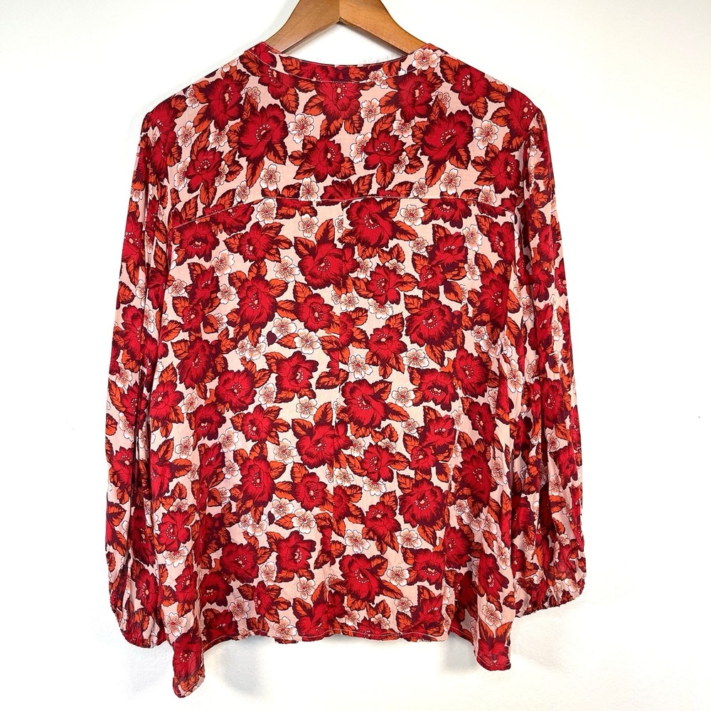 Gap Womens Floral 3/4 Sleeve Pintuck Blouse Top Size XXL Red Buttons Lightweight - Picture 3 of 12